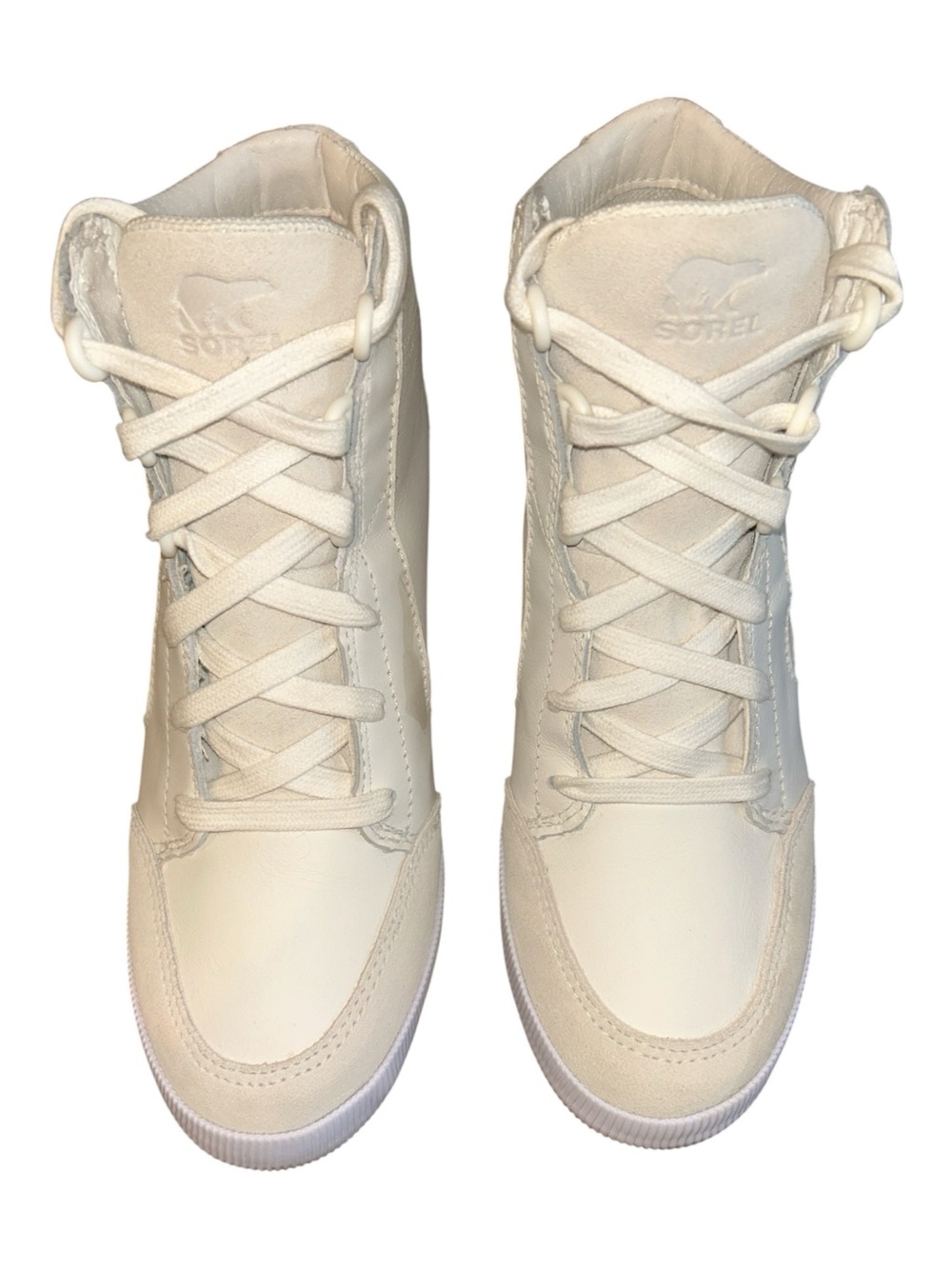 Sorel Out ‘n About Leather Wedge Bootie Sneakers Cream Color - Picture 2 of 9